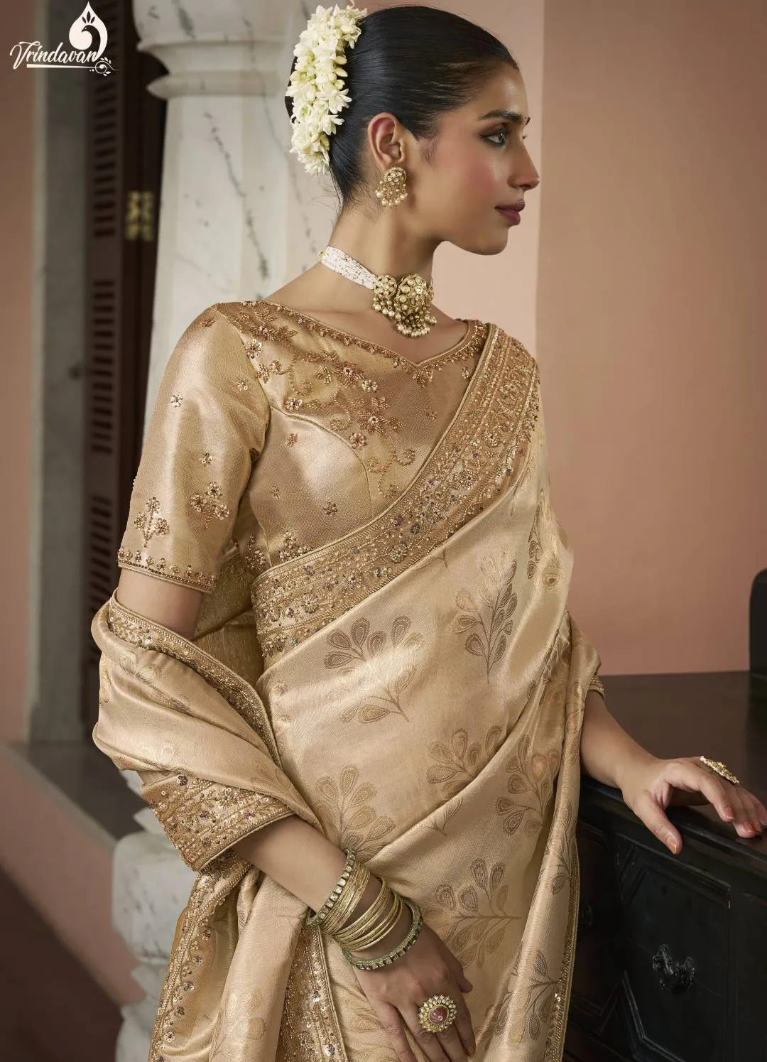 Woman’s Premium Golden Kanjivaram Soft Silk Saree with Elegant Beads Work