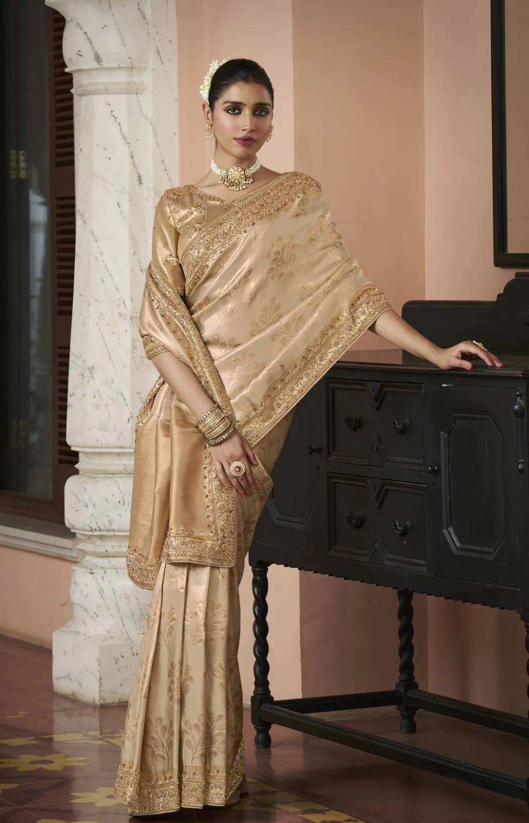 Woman’s Premium Golden Kanjivaram Soft Silk Saree with Elegant Beads Work