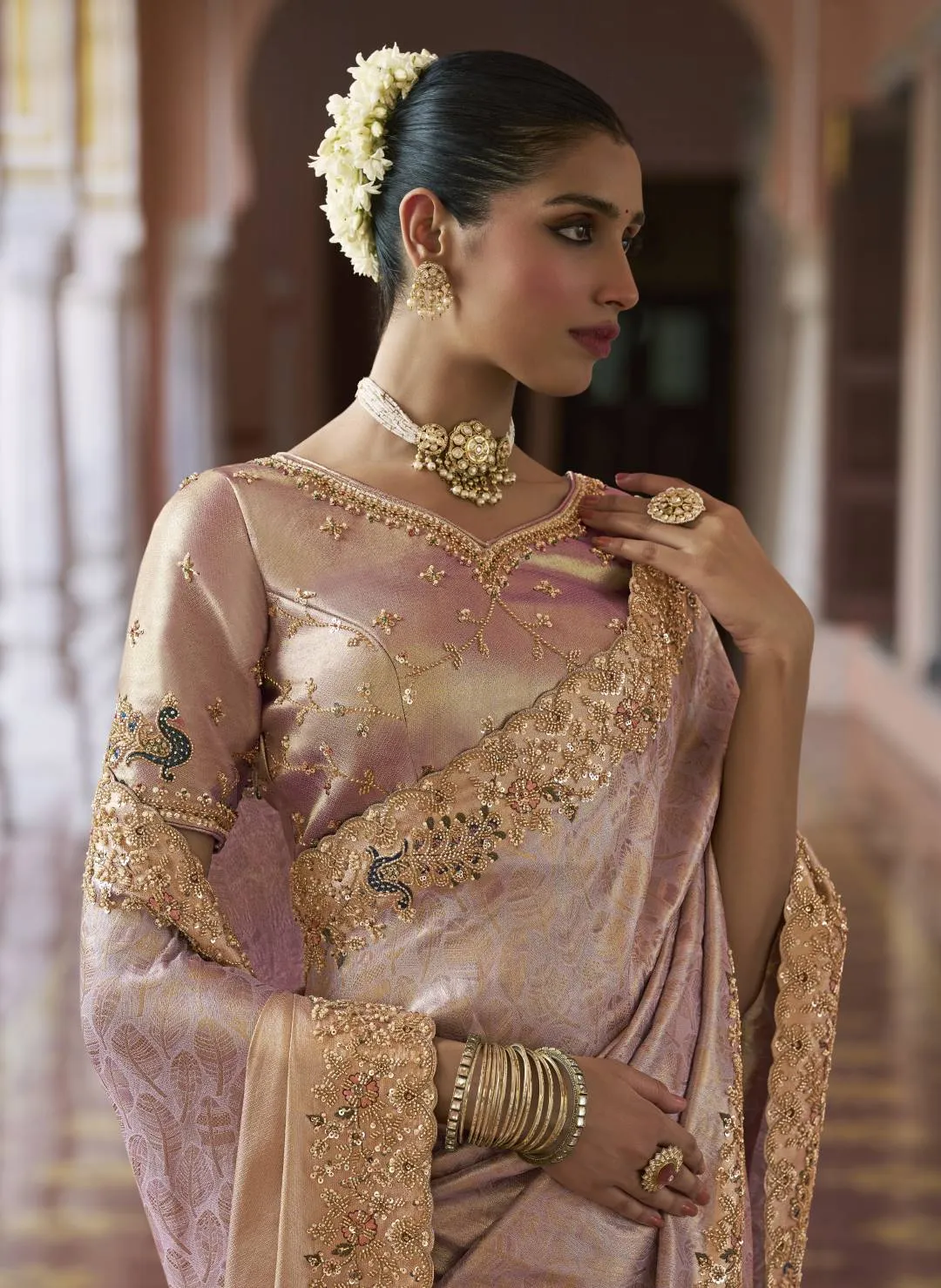 Woman’s Premium Lavender Kanjivaram Soft Silk Saree with Elegant Beads Work