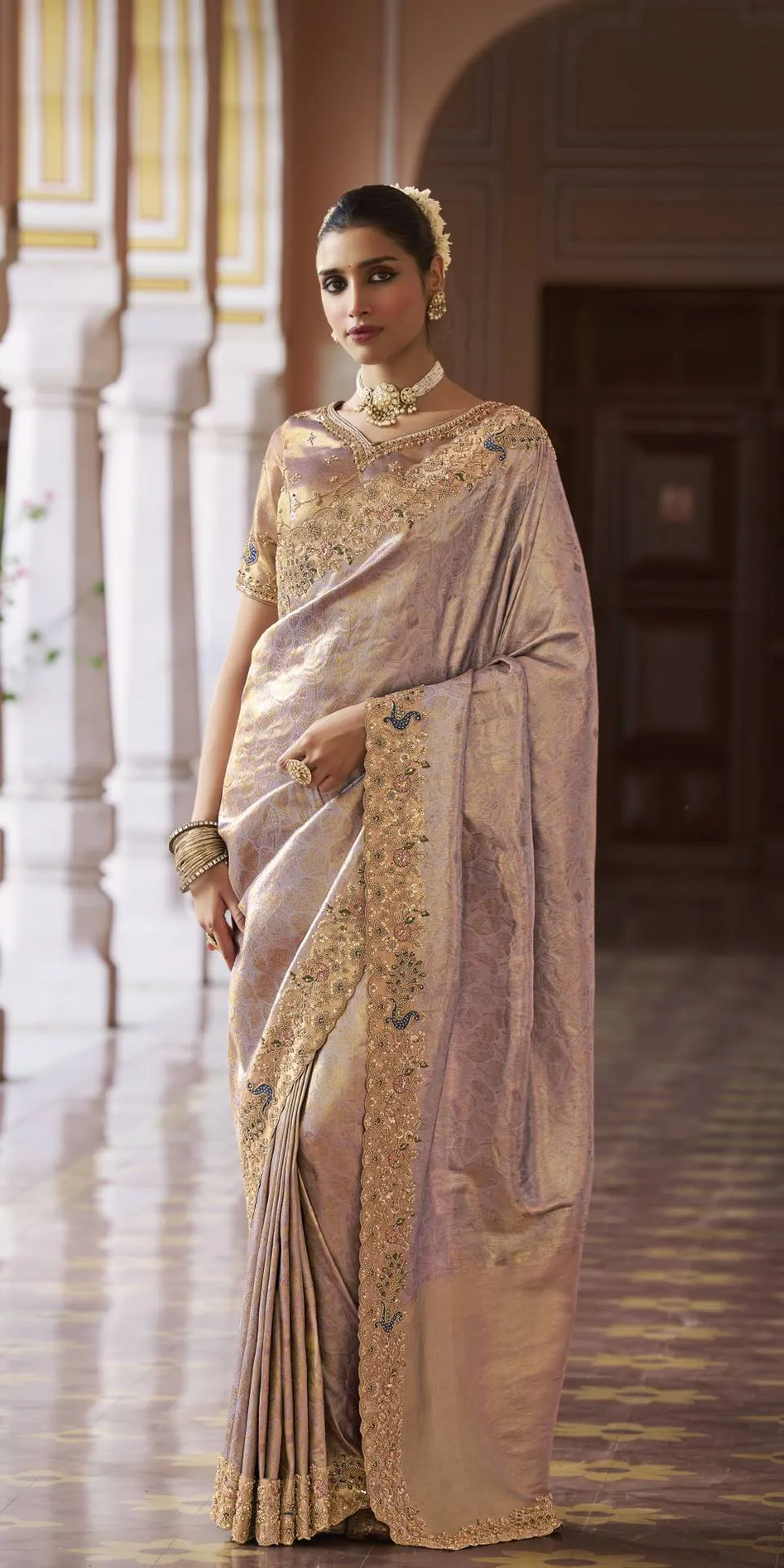 Woman’s Premium Lavender Kanjivaram Soft Silk Saree with Elegant Beads Work