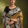 Woman's Antique Gold Organza Tissue Silk Saree with Floral Motif Embroidery
