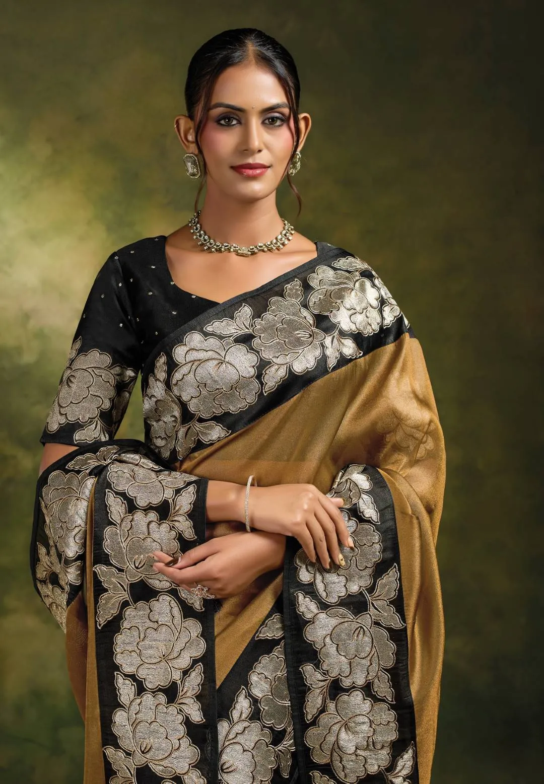 Woman's Antique Gold Organza Tissue Silk Saree with Floral Motif Embroidery