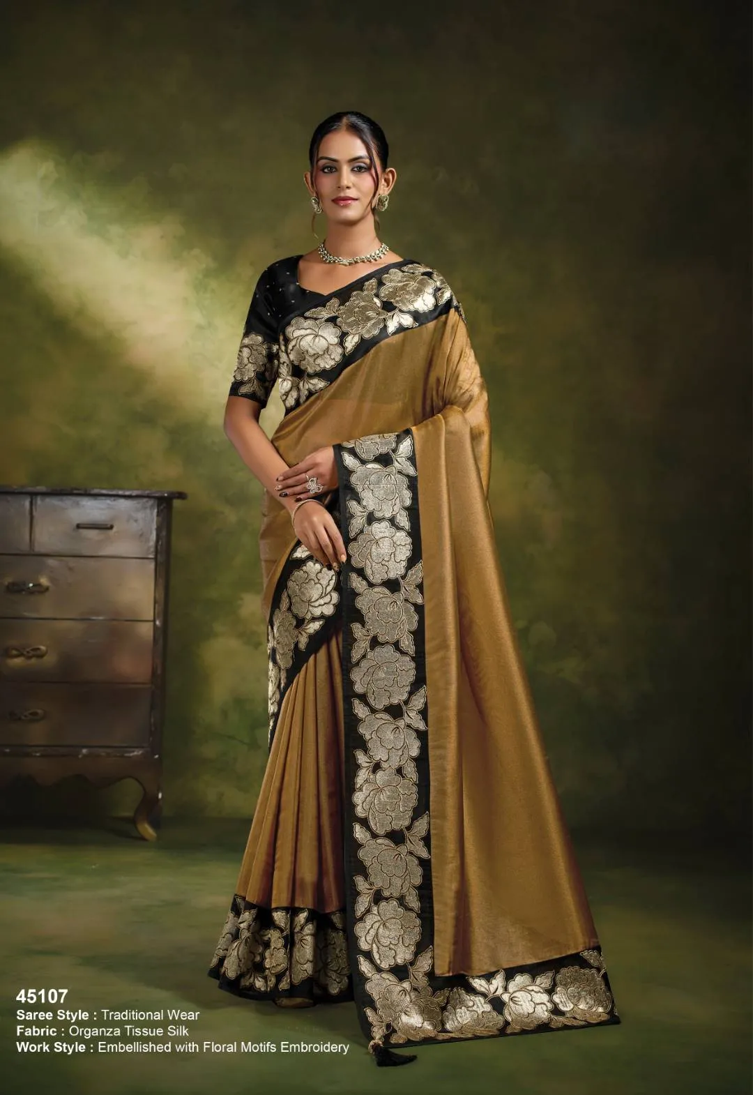 Woman's Antique Gold Organza Tissue Silk Saree with Floral Motif Embroidery