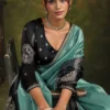 Sea Green Teal Organza Tissue Silk Saree with Contrast Black Blouse For Woman