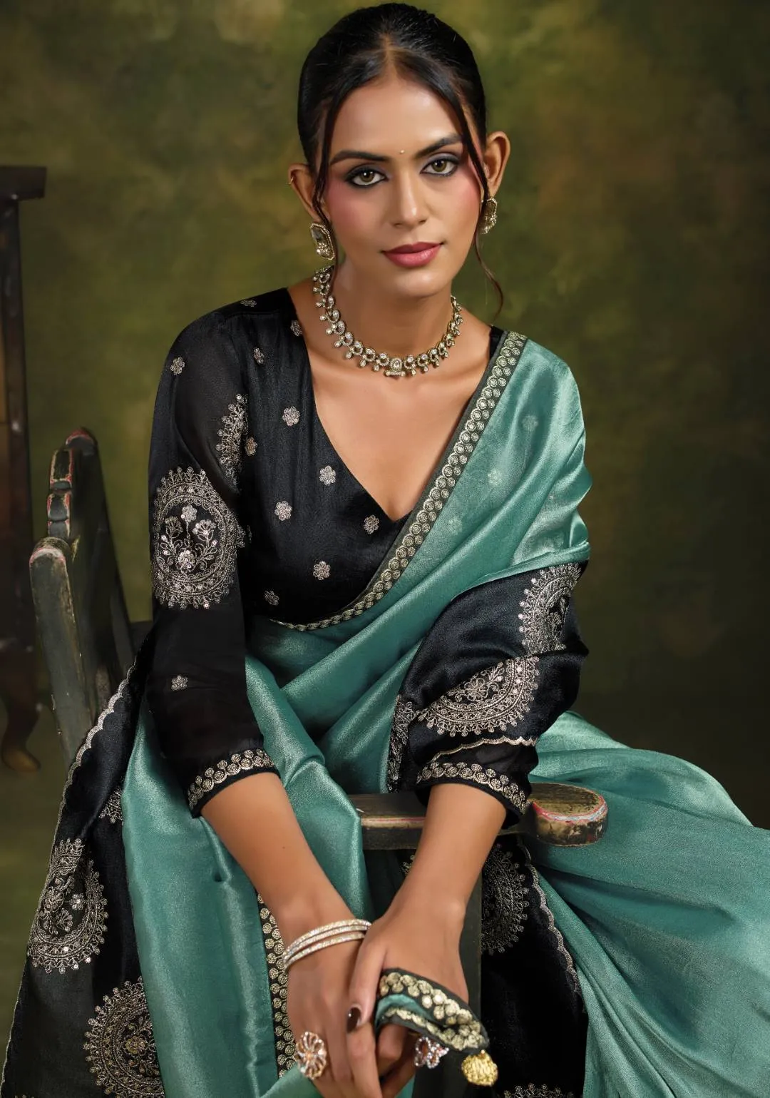 Sea Green Teal Organza Tissue Silk Saree with Contrast Black Blouse For Woman