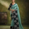 Sea Green Teal Organza Tissue Silk Saree with Contrast Black Blouse For Woman