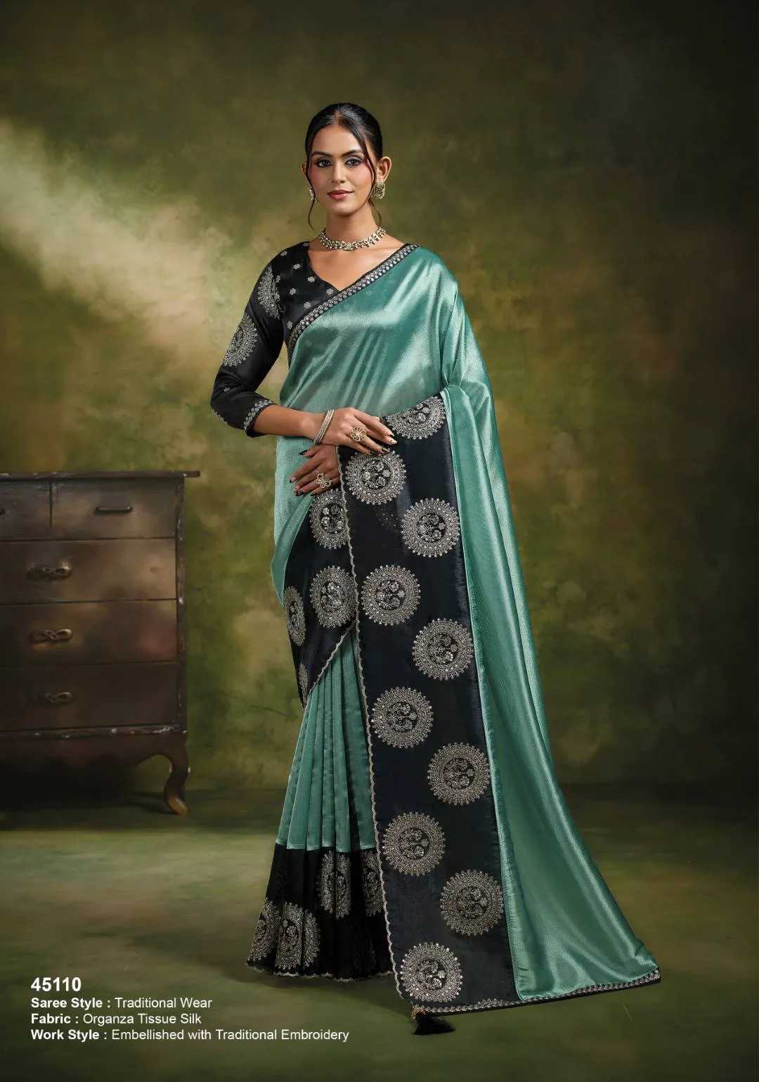 Sea Green Teal Organza Tissue Silk Saree with Contrast Black Blouse For Woman