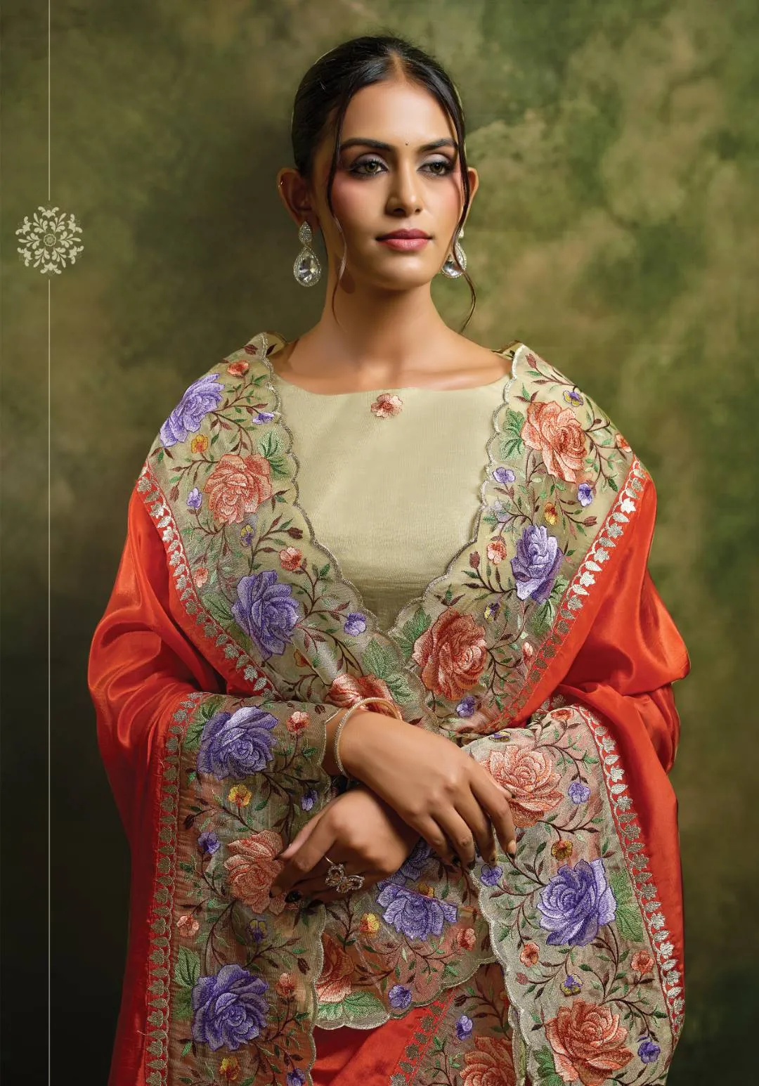 Rust Orange Natural Crepe Satin Traditional Saree with Floral Jaal Embroidery For woman