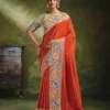 Rust Orange Natural Crepe Satin Traditional Saree with Floral Jaal Embroidery For woman