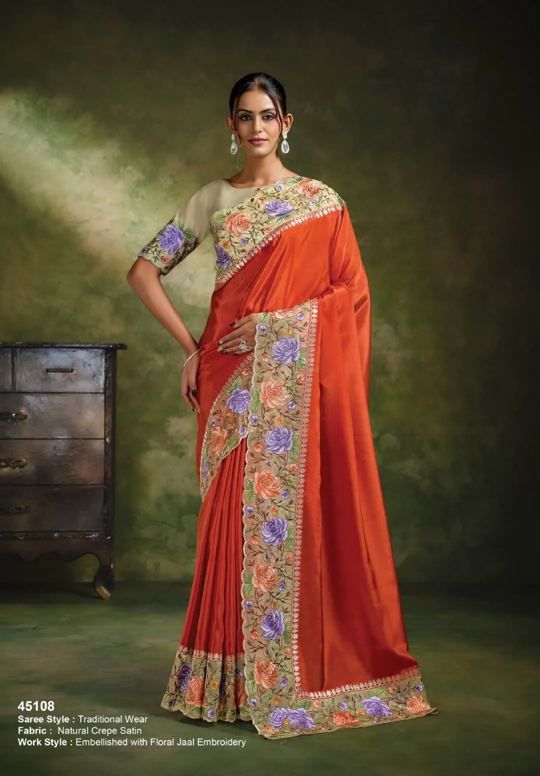 Rust Orange Natural Crepe Satin Traditional Saree with Floral Jaal Embroidery For woman