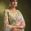 Woman's Light Pink Organza Tissue Silk Saree with Floral Embroidery