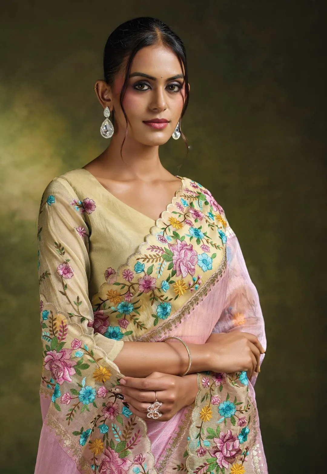 Woman's Light Pink Organza Tissue Silk Saree with Floral Embroidery