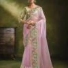 Woman's Light Pink Organza Tissue Silk Saree with Floral Embroidery