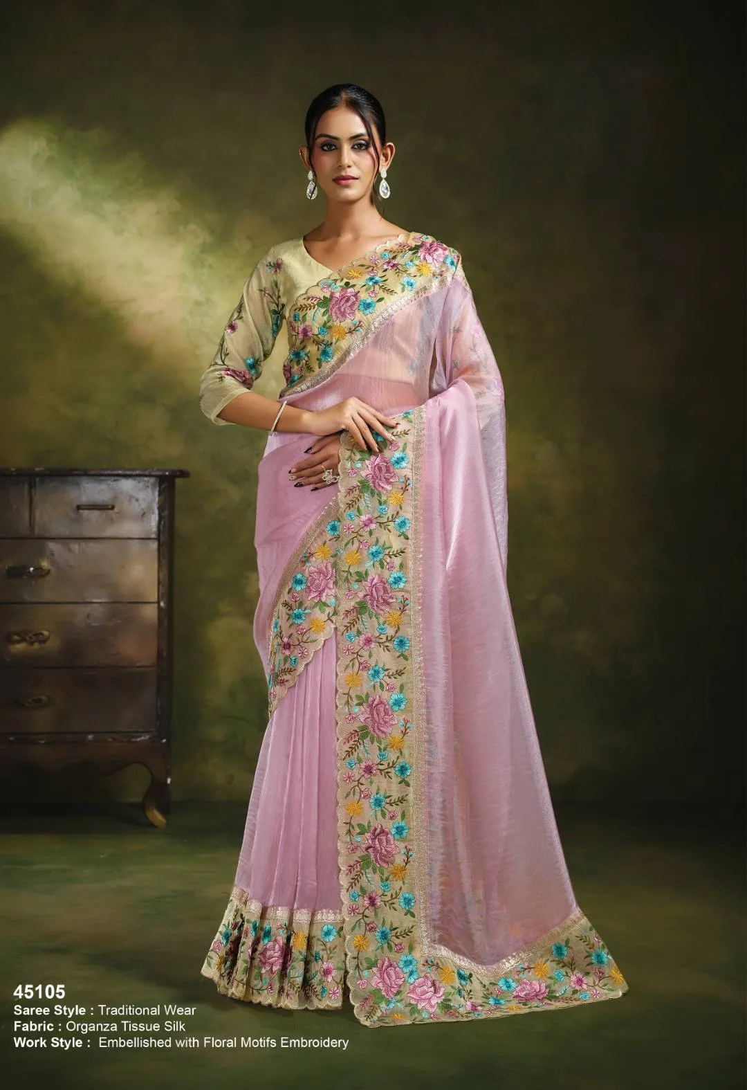 Woman's Light Pink Organza Tissue Silk Saree with Floral Embroidery