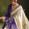 Woman's Cream Organza Embroidered Work Classic Saree