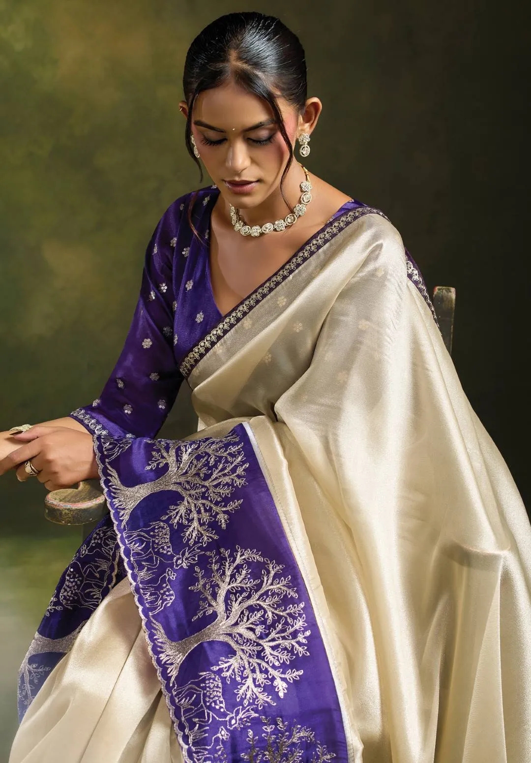 Woman's Cream Organza Embroidered Work Classic Saree