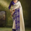 Woman's Cream Organza Embroidered Work Classic Saree