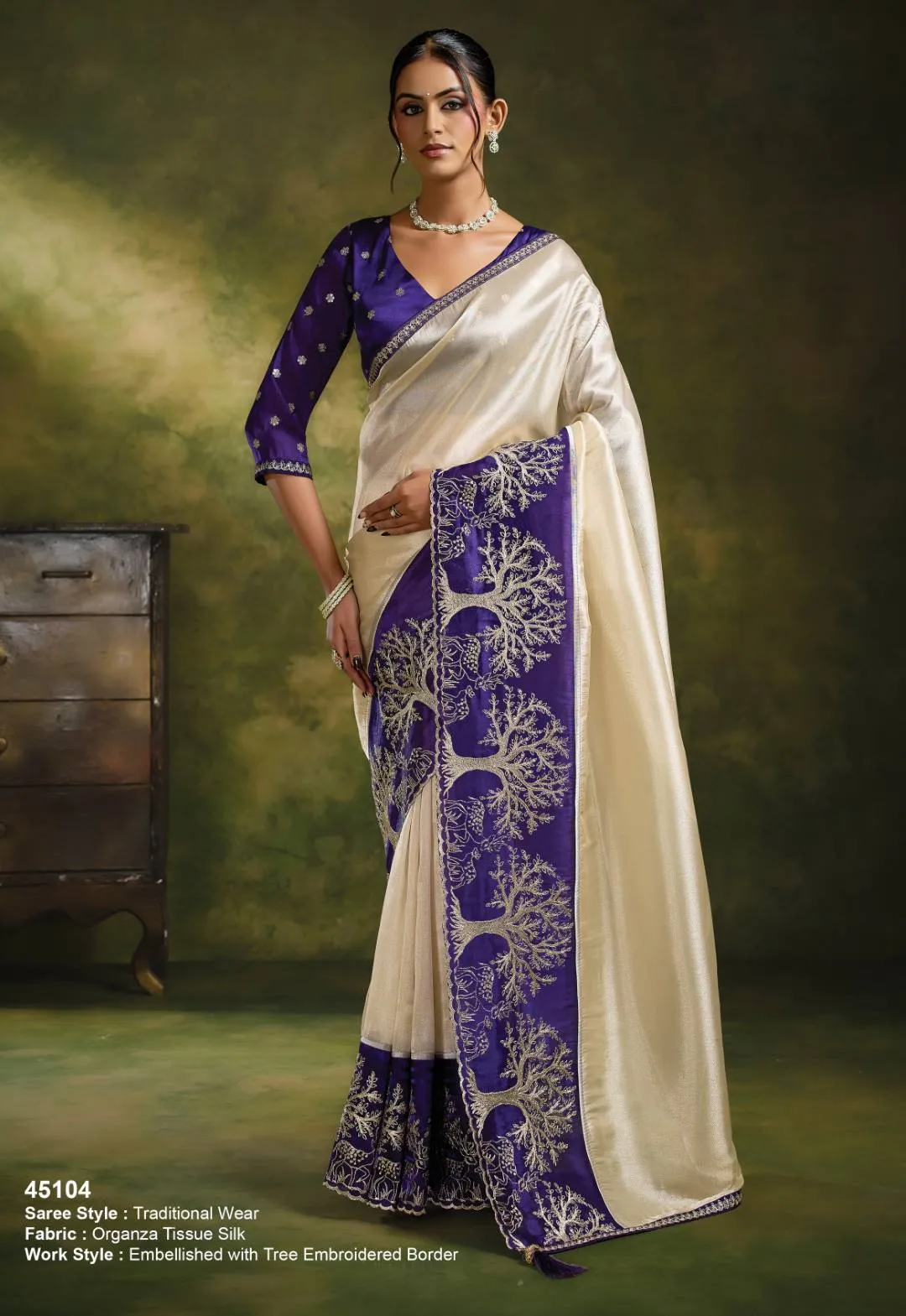 Woman's Cream Organza Embroidered Work Classic Saree