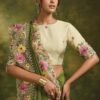 Woman's Olive Green Natural Crepe Satin Saree with Floral Jaal Embroidery - Image 2