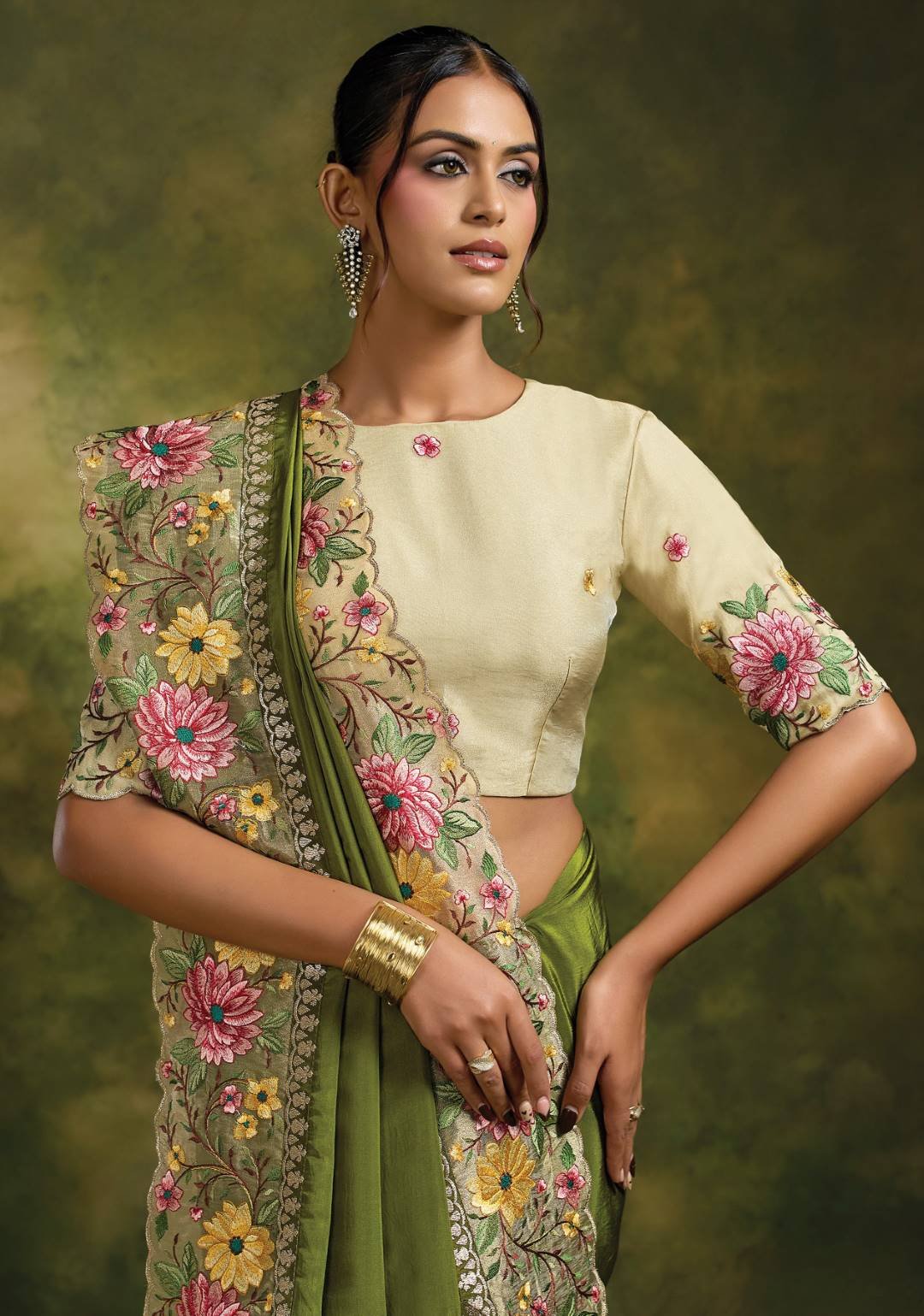 Alternative view of Woman's Olive Green Natural Crepe Satin Saree with Floral Jaal Embroidery