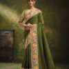 Woman's Olive Green Natural Crepe Satin Saree with Floral Jaal Embroidery