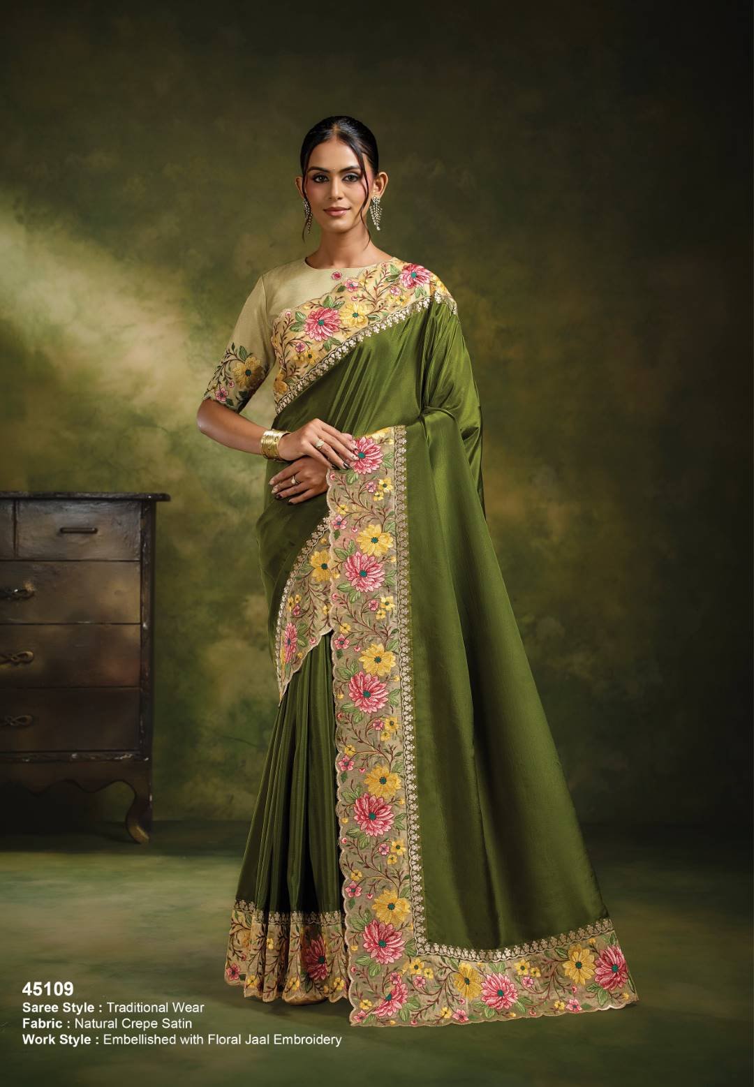 Woman's Olive Green Natural Crepe Satin Saree with Floral Jaal Embroidery