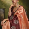 Peach Organza Tissue Silk Saree with Maroon Embroidered Blouse For Woman