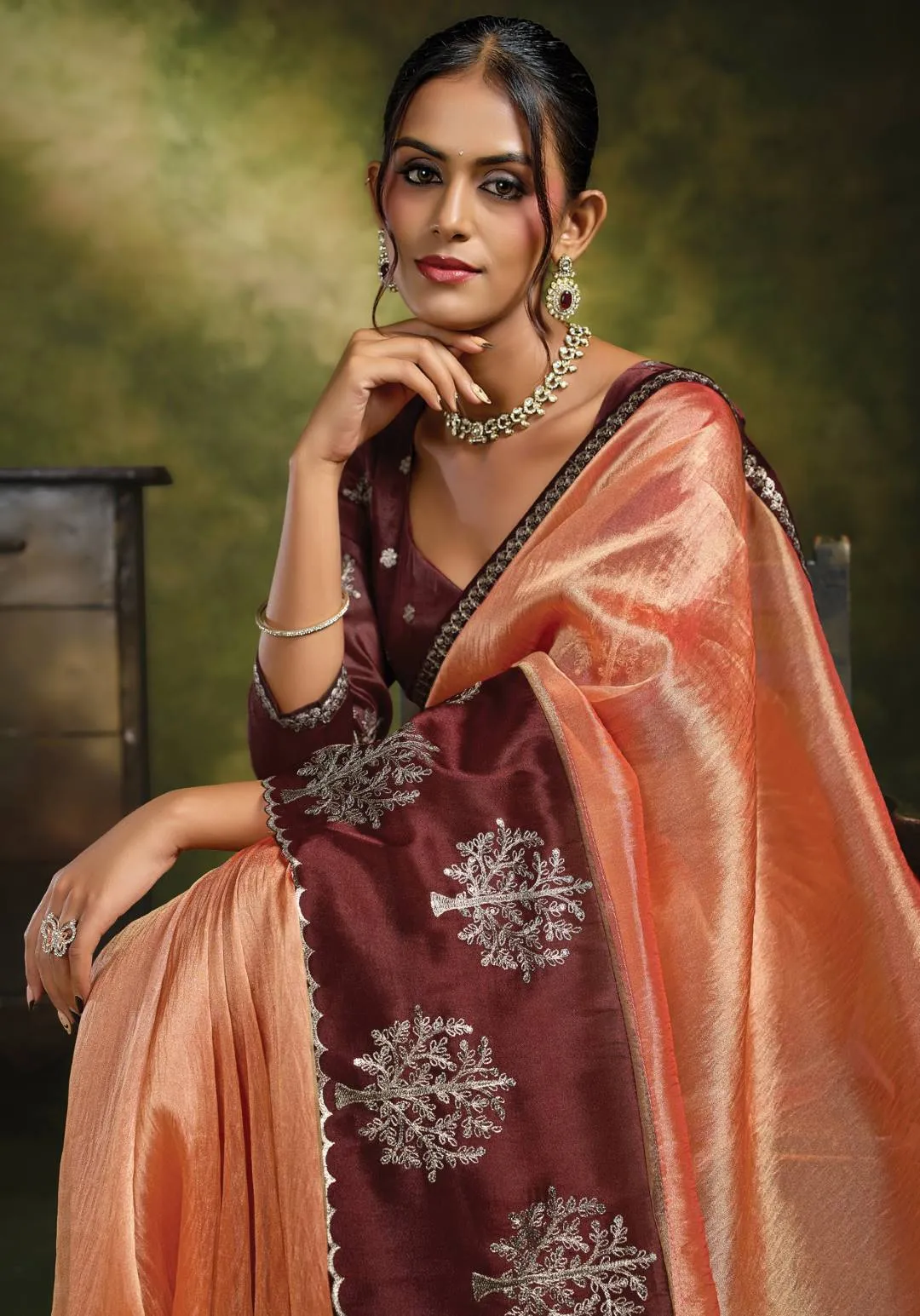 Peach Organza Tissue Silk Saree with Maroon Embroidered Blouse For Woman