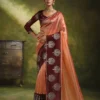 Peach Organza Tissue Silk Saree with Maroon Embroidered Blouse For Woman
