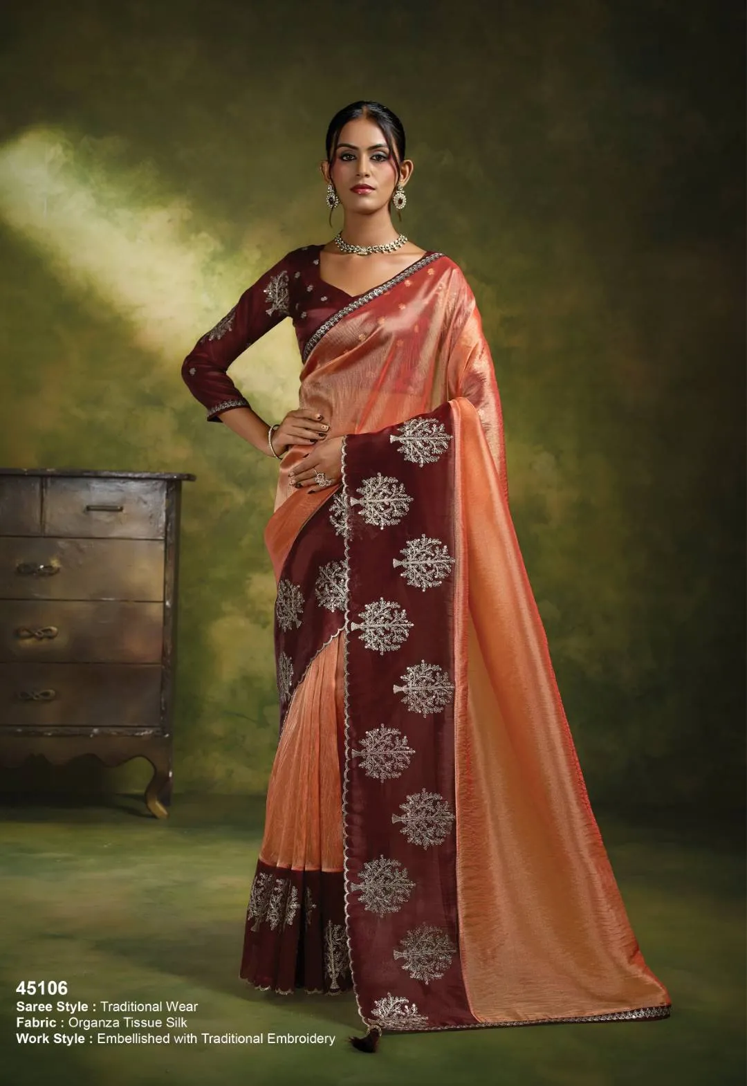 Peach Organza Tissue Silk Saree with Maroon Embroidered Blouse For Woman